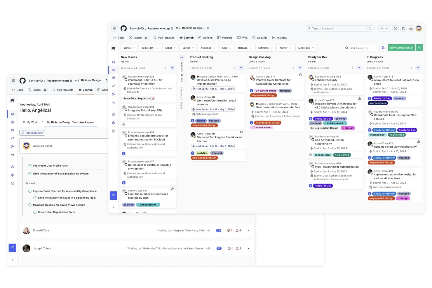 Zenhub kanban board showing sprint issues across pipeline columns with labels and points.