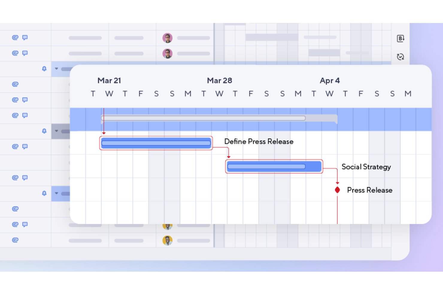 Smartsheet Gantt chart showing task dependencies with linked bars and a milestone.