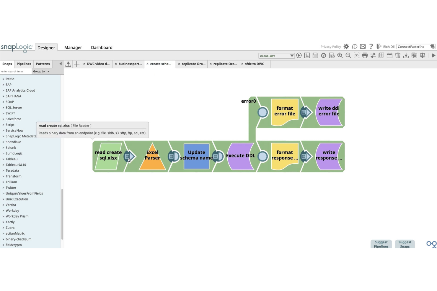 SnapLogic-Designumgebung mit einer Pipeline aus Excel-, DDL- und Dateischreiber-Snaps.