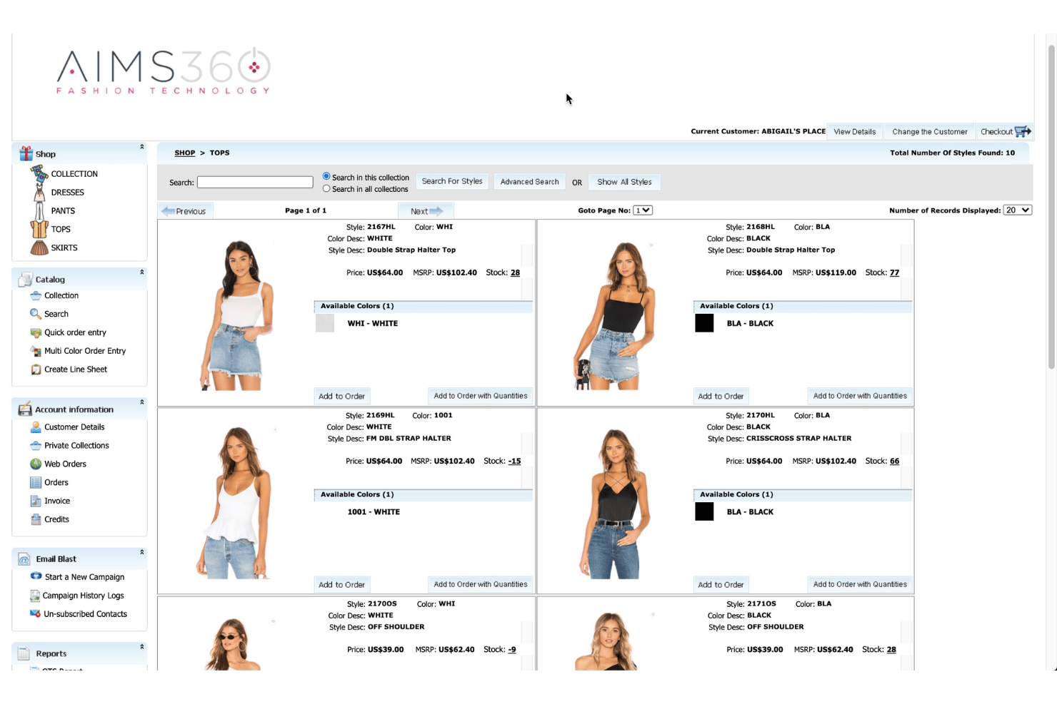 AIMS360-B2B-Großhandelsshop mit einem Oberteilekatalog einschließlich Stilen, Preisen und Lagerbestand.