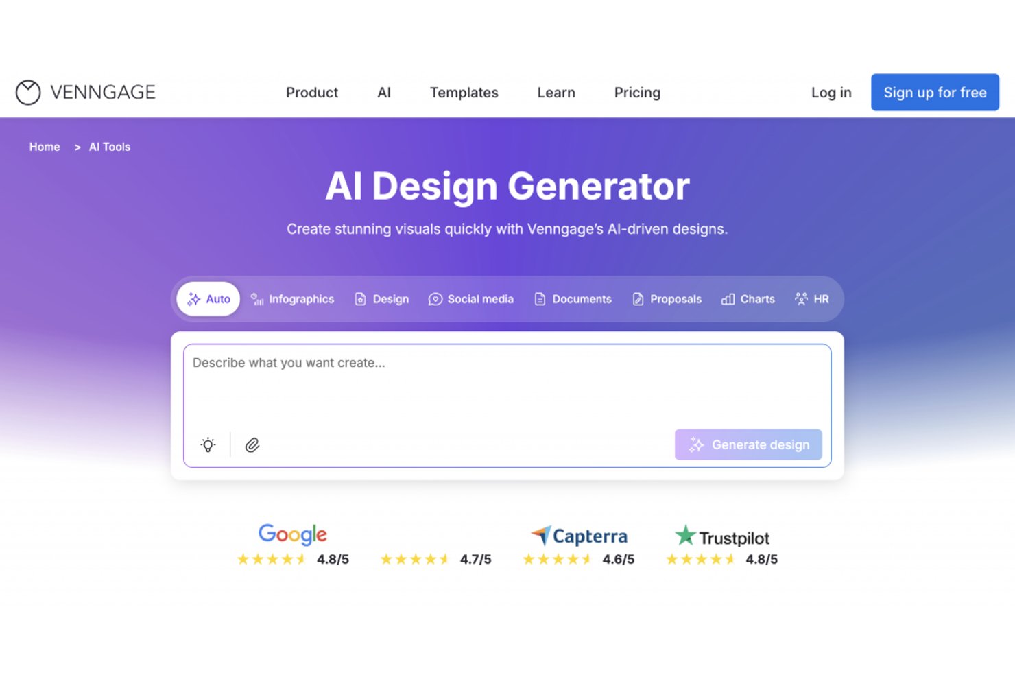 Venngage AI Design Generator interface with a text input field and category tabs.