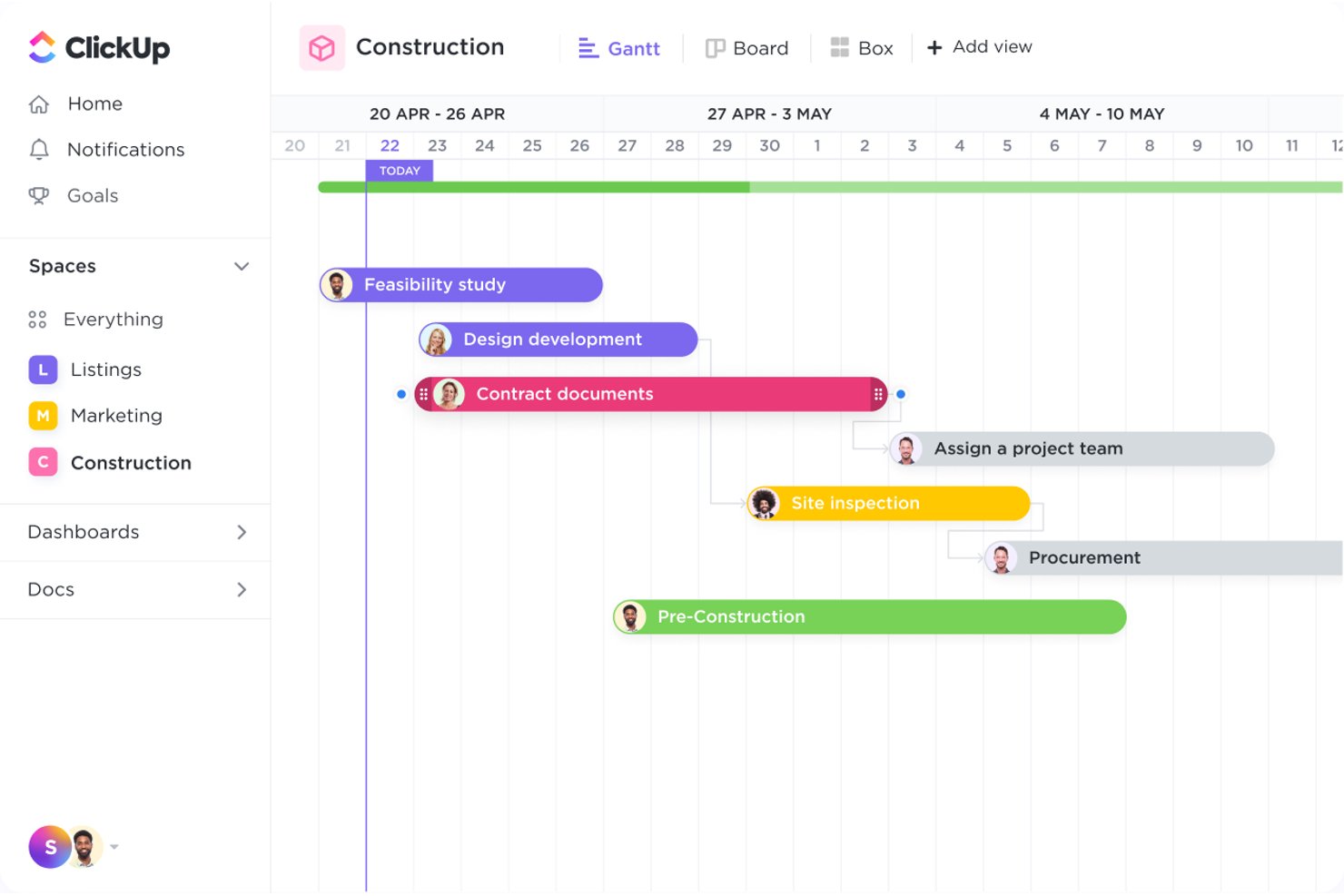 ClickUp Gantt chart showing construction tasks across April and May timelines.