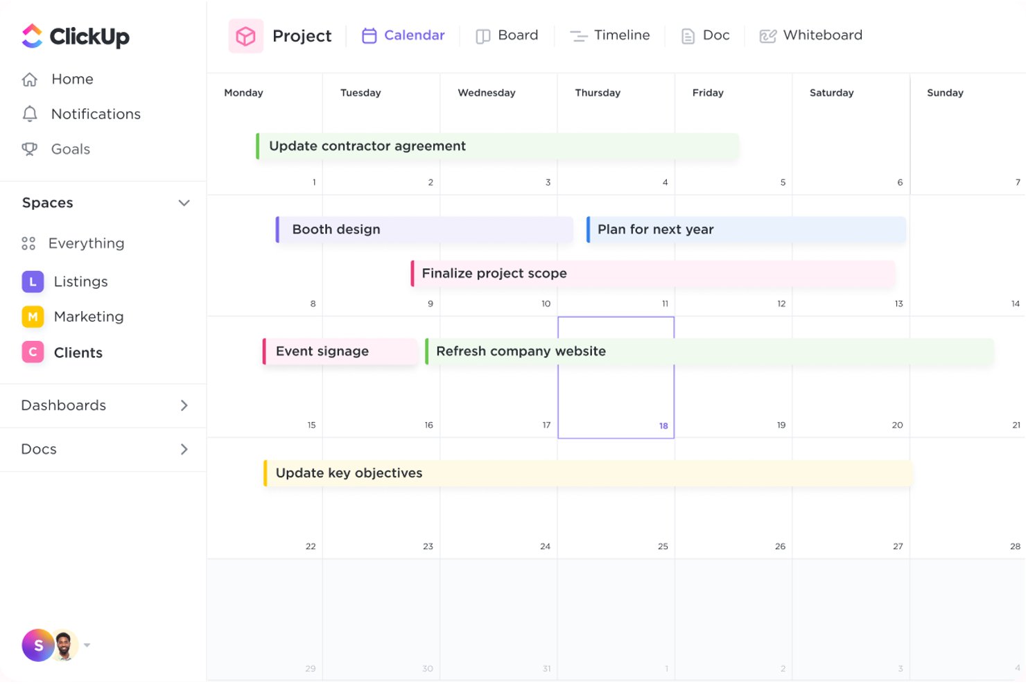 ClickUp calendar view showing project tasks spanning multiple weeks in a month.