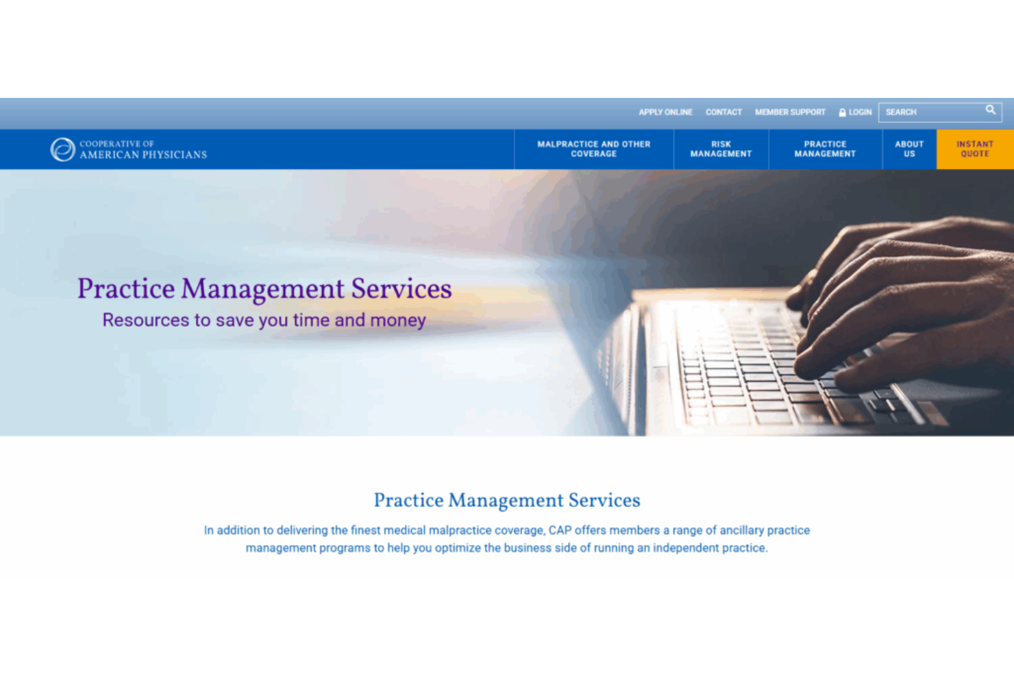 CAP website showing Practice Management Services page with hands typing on laptop