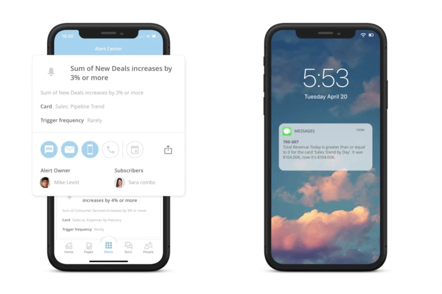 Domo mobile app showing data alerts panel and SMS notification on lock screen.
