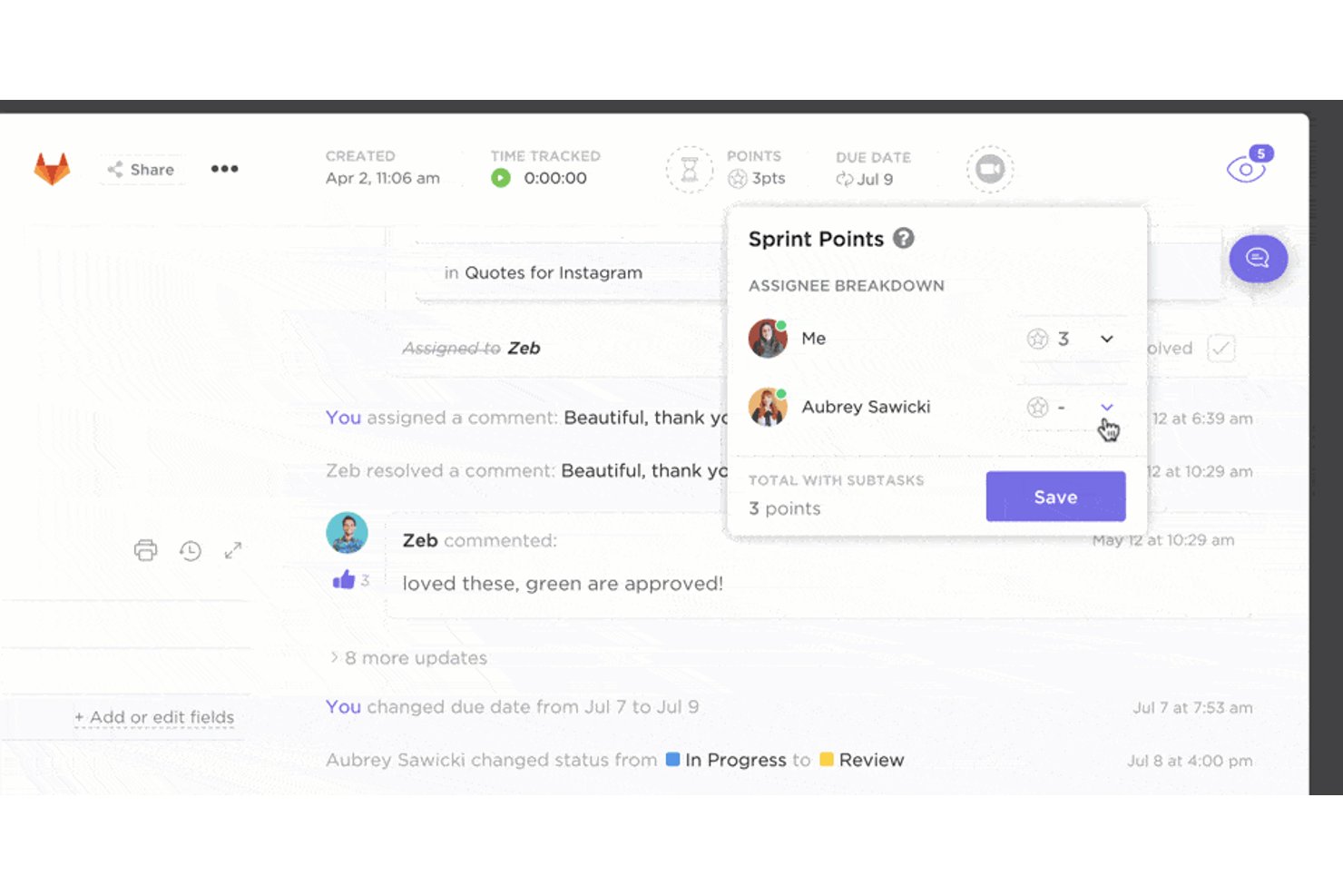 Finestra popup dei punti sprint di ClickUp che mostra la suddivisione per assegnatario con il pulsante di salvataggio.