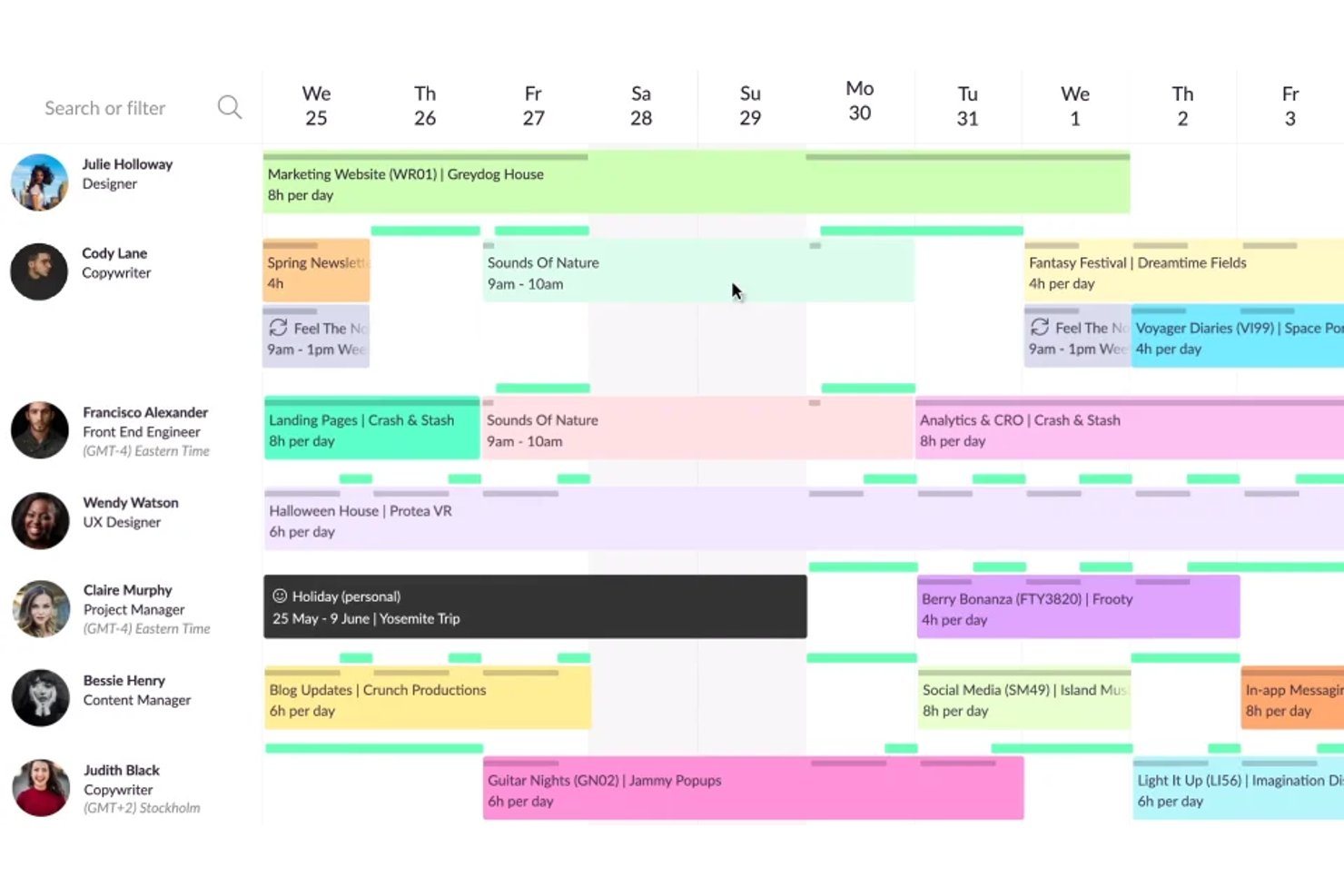 Resource Guru weekly schedule view showing team members, tasks, and time blocks.