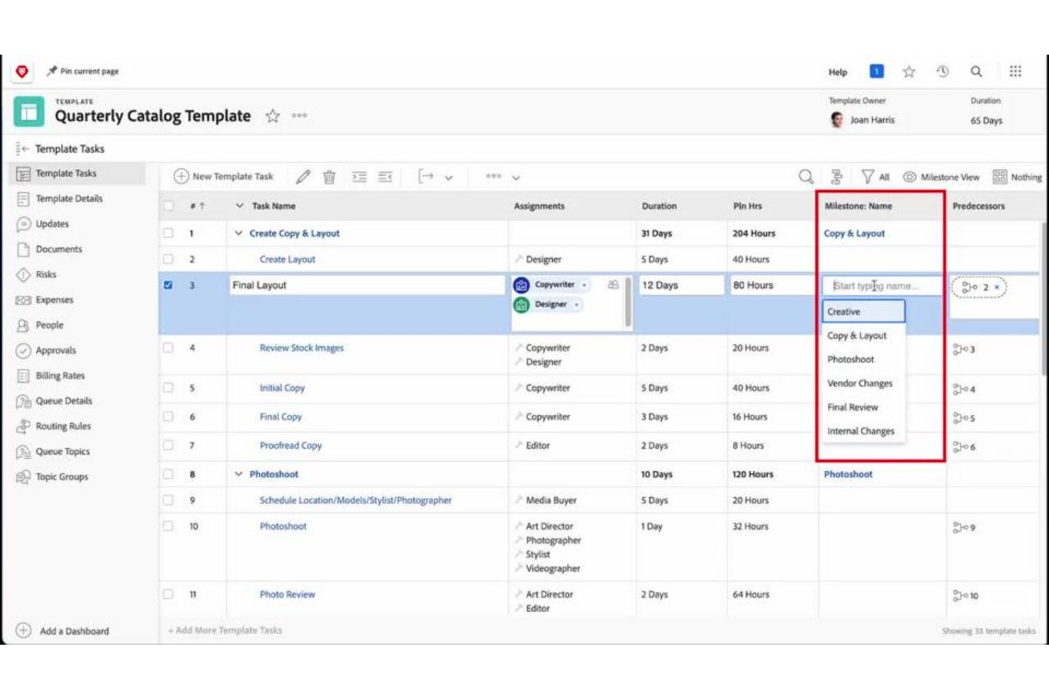 Adobe Workfront template tasks list with milestone name dropdown menu open.