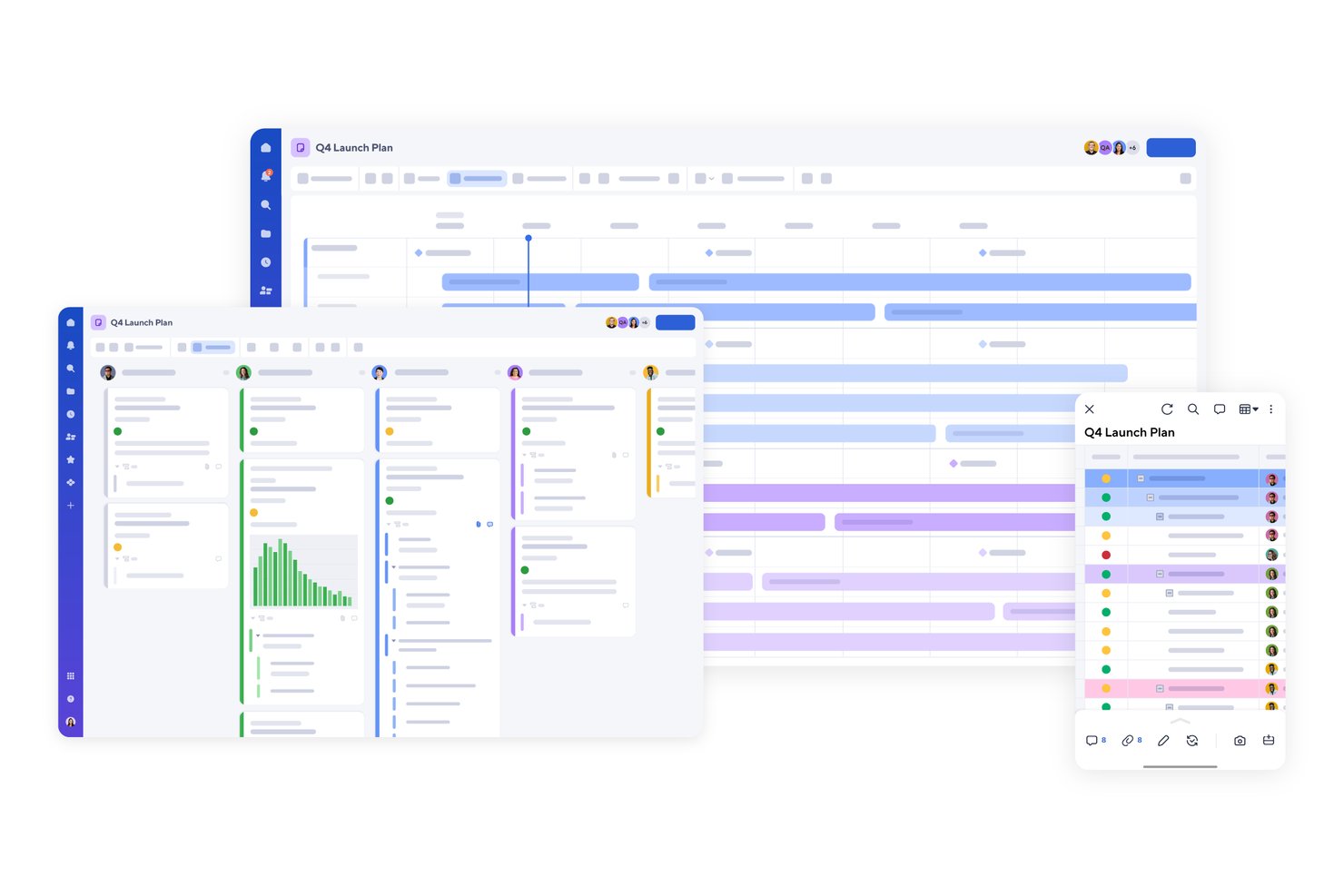 Le plan de lancement du quatrième trimestre dans Smartsheet affiché côte à côte dans les vues Gantt, tableau et liste.