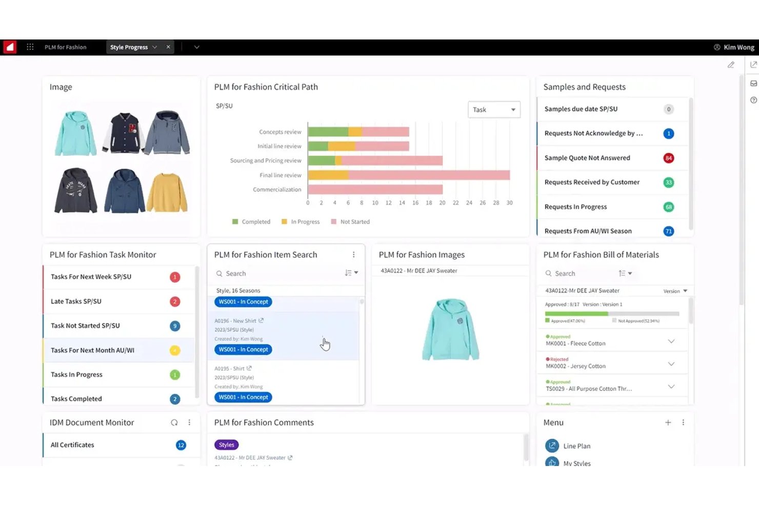 Infor CloudSuite Fashion-instrumentpanel som visar stilförlopp, diagram över kritisk väg och materialförteckning.