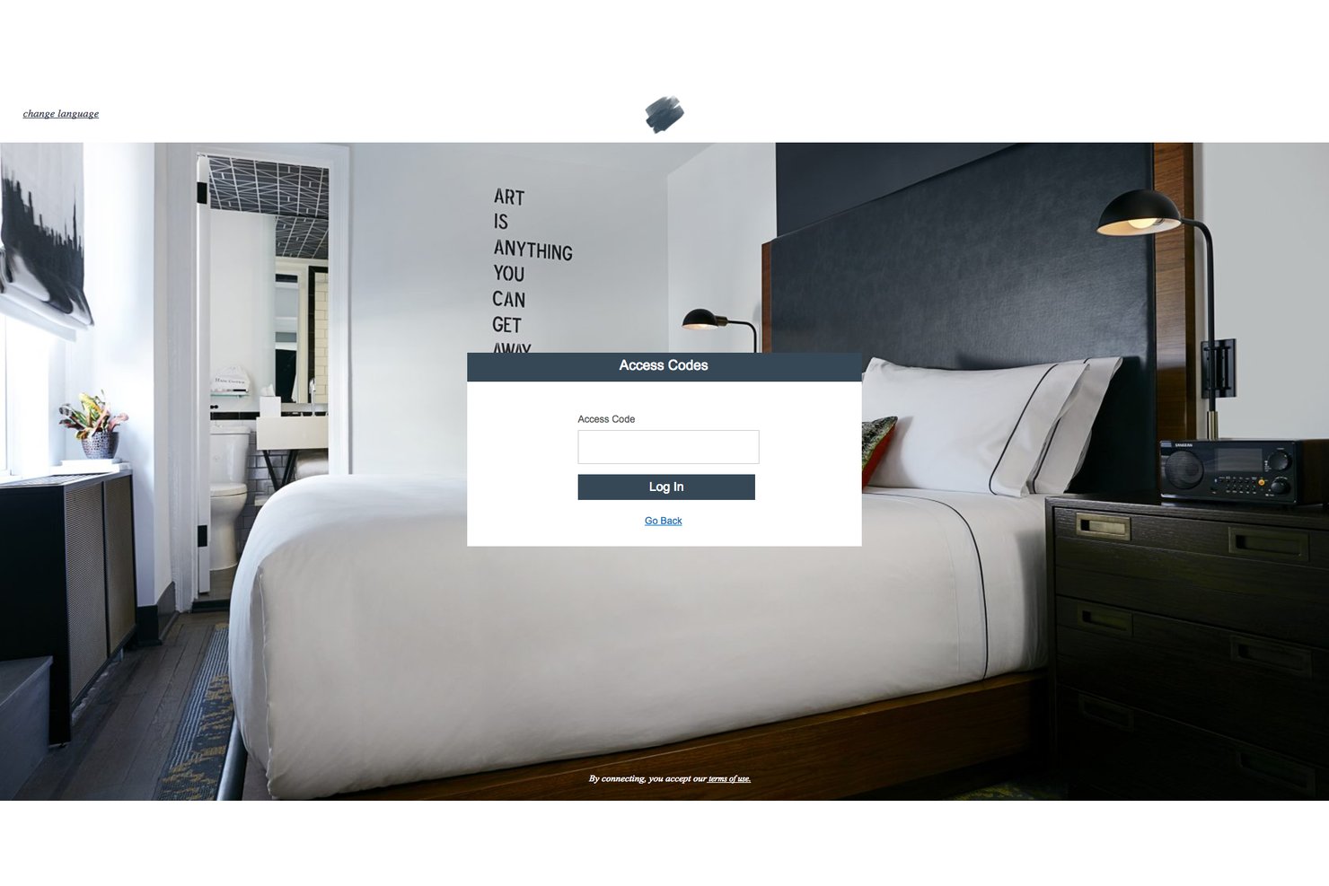 Hotel WiFi guest portal login screen with access code field and login button.