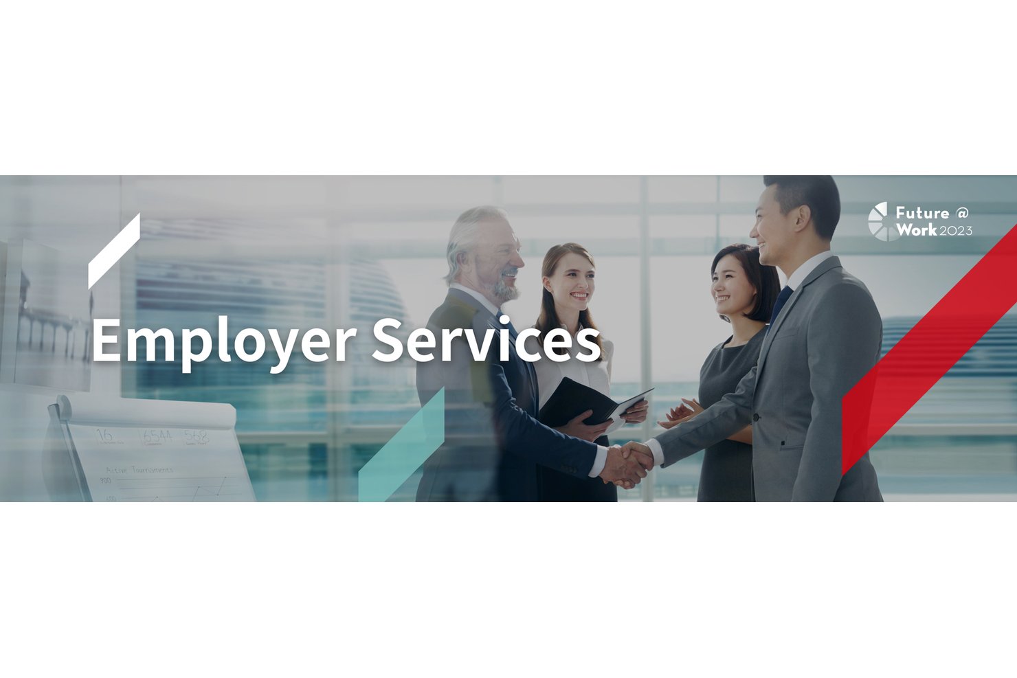 Four professionals shaking hands in an office, text reads Employer Services.
