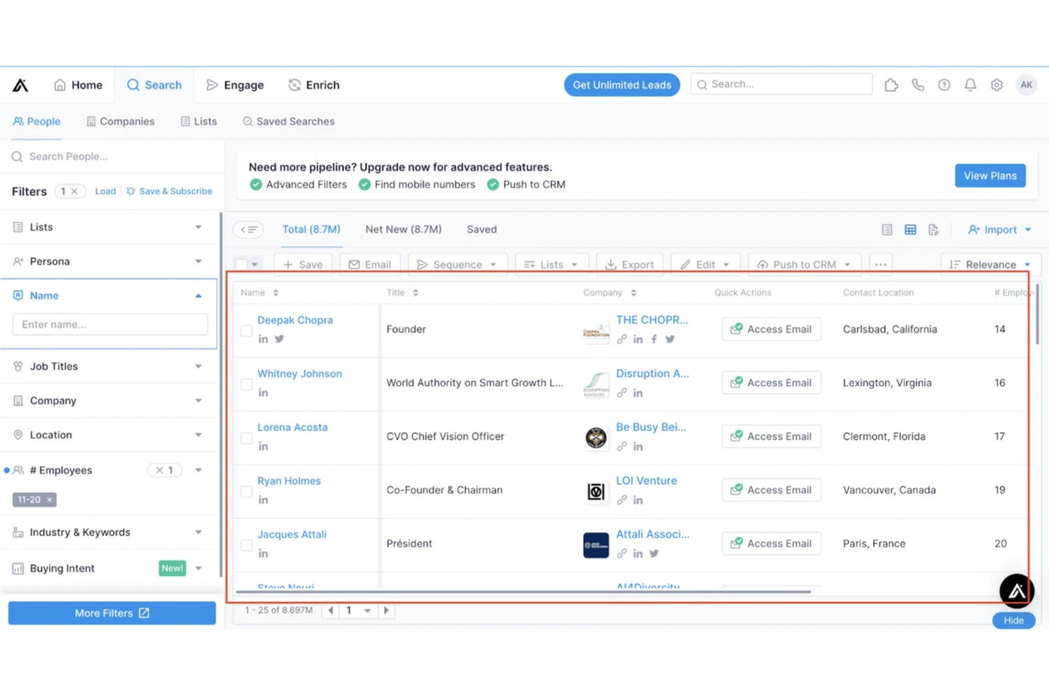 Apollo.io people search interface showing filtered contact list with 8.7 million results.