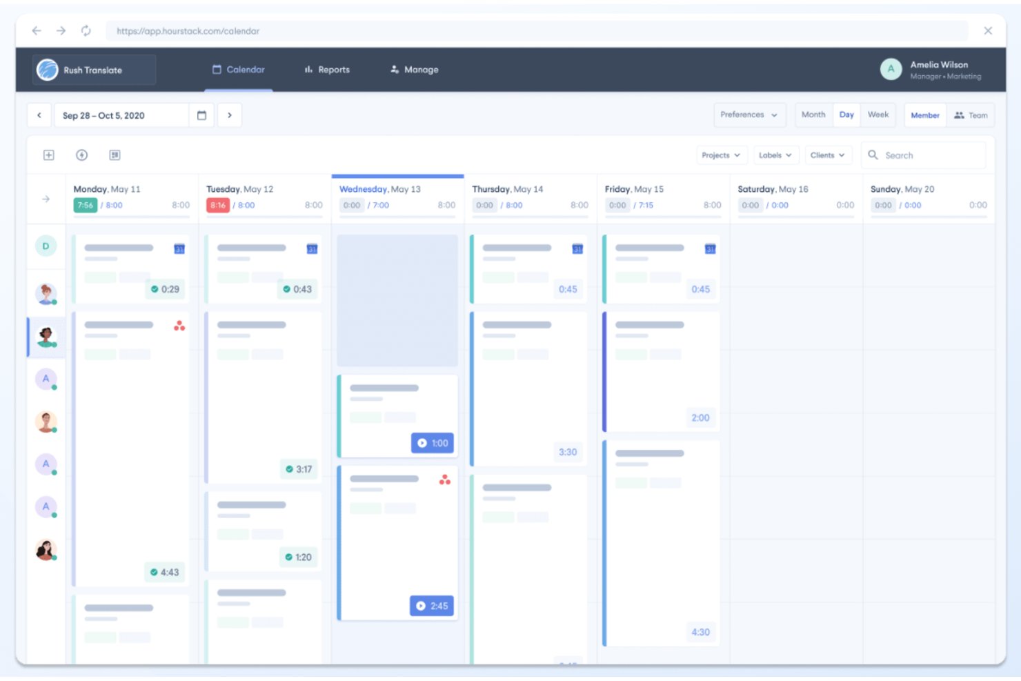 HourStack weekly calendar view showing team time blocks across five weekdays.