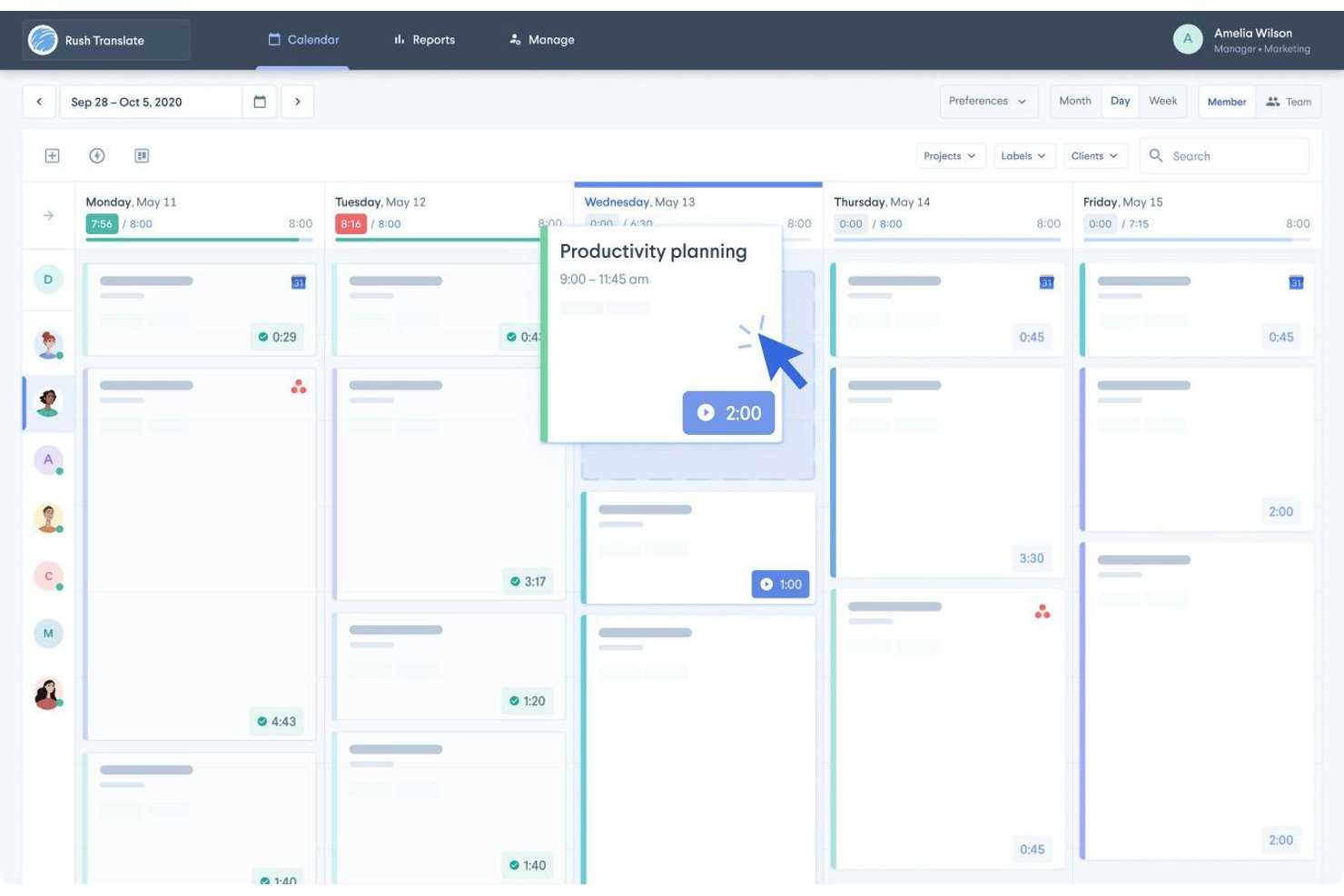 HourStack weekly calendar view showing time blocks and a productivity planning popup.