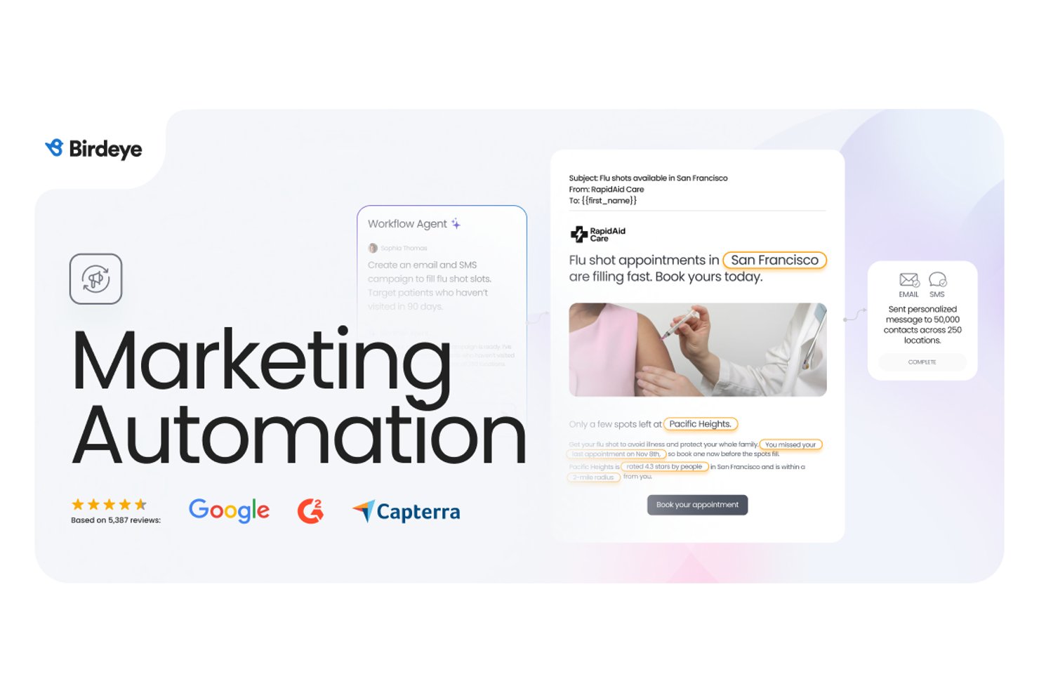 Interface d’automatisation du marketing de Birdeye affichant une campagne d’e-mails sur la vaccination contre la grippe générée par IA.