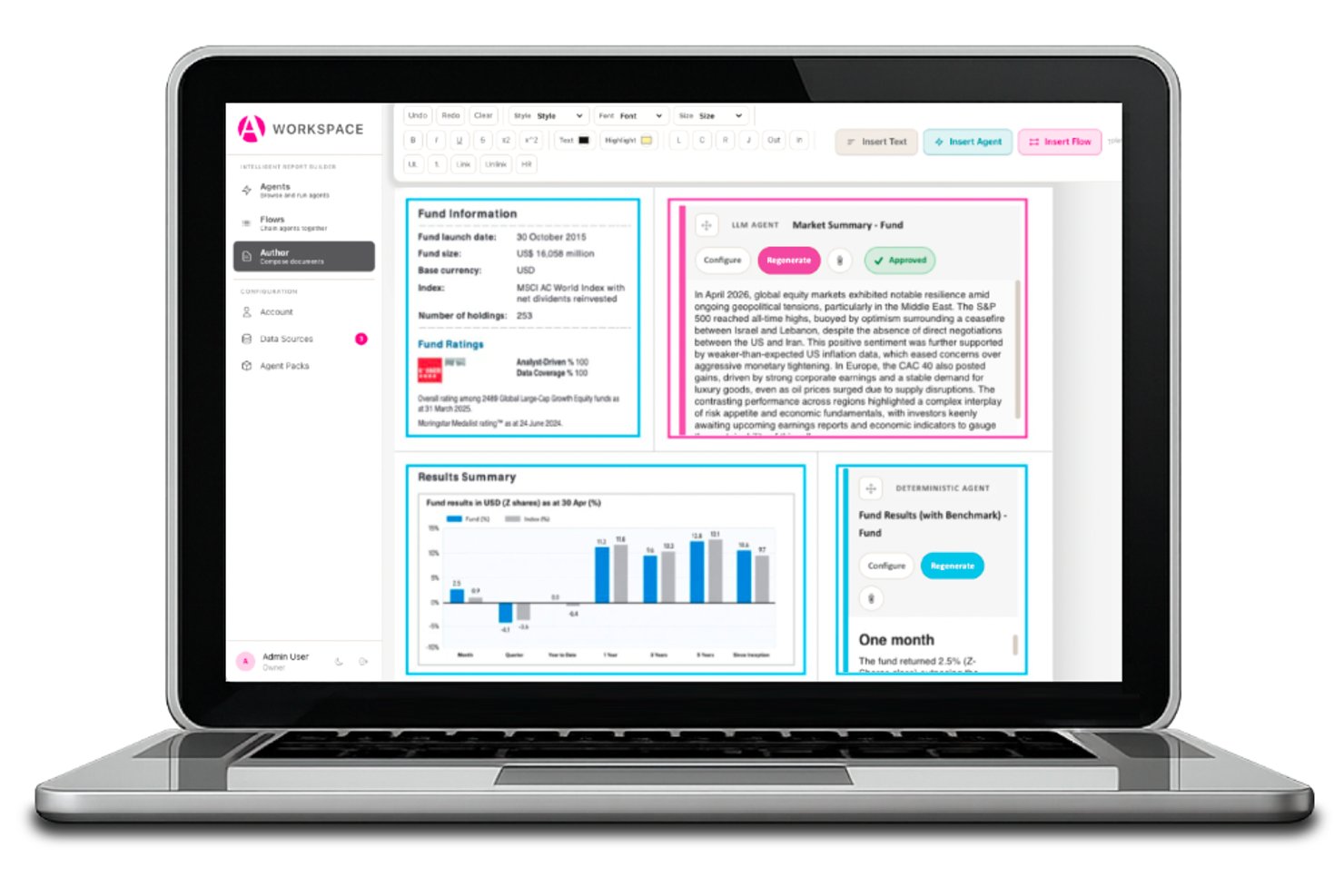 Arria NLG Workspace showing fund report with AI-generated market summary and charts.