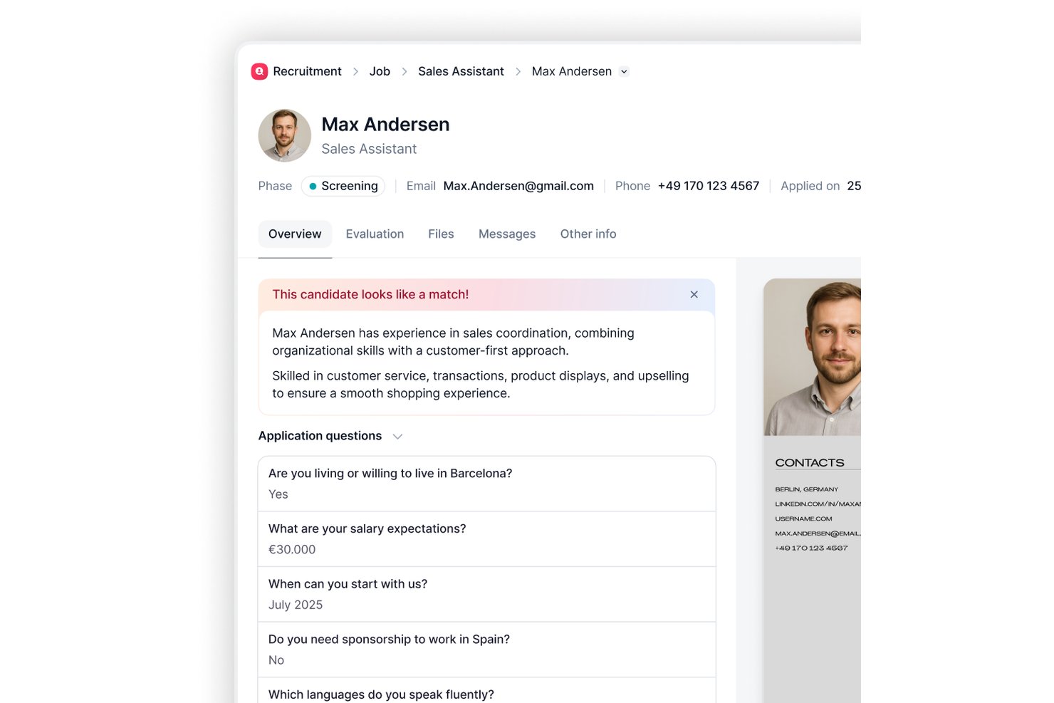 Recruitment candidate profile for Max Andersen showing screening phase, application questions, and AI match summary.
