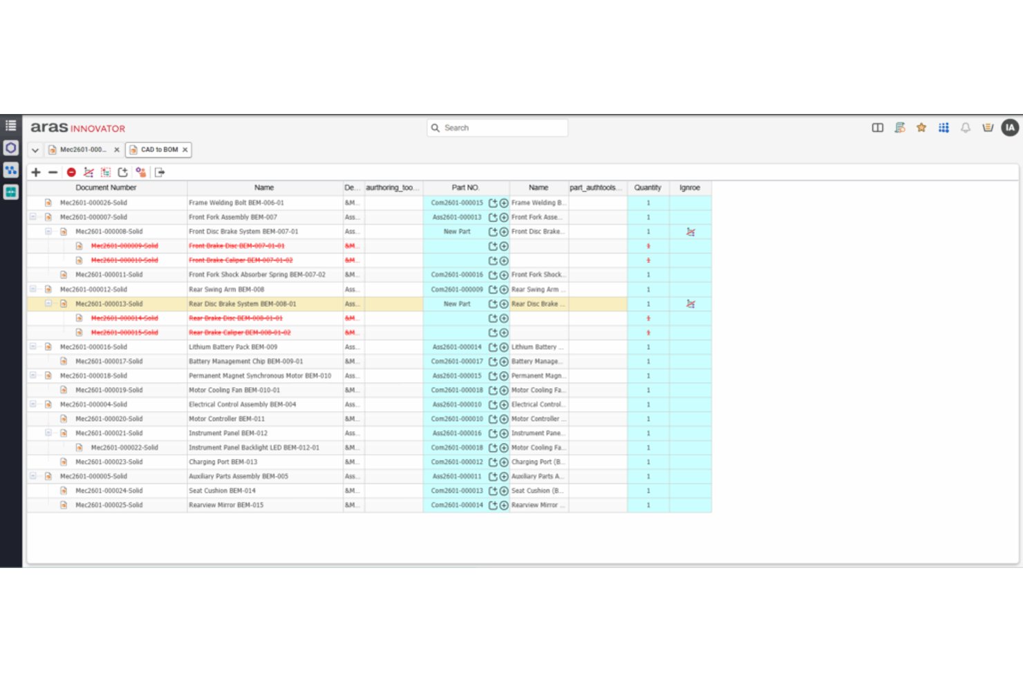Aras PLM CAD to BOM mapping table with part numbers and quantities.