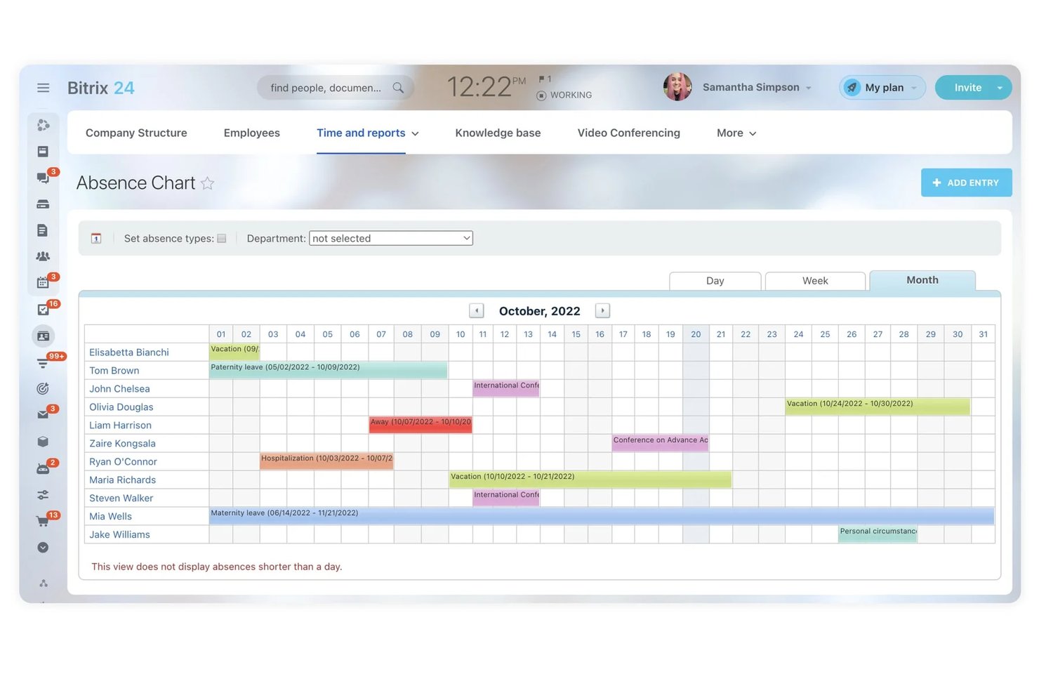 Bitrix24 absence chart showing employee leave entries for October 2022.