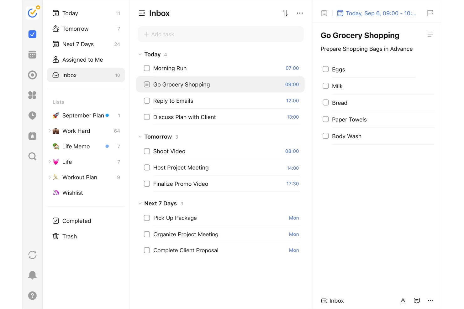TickTick inbox view showing tasks by day with a grocery shopping checklist panel.