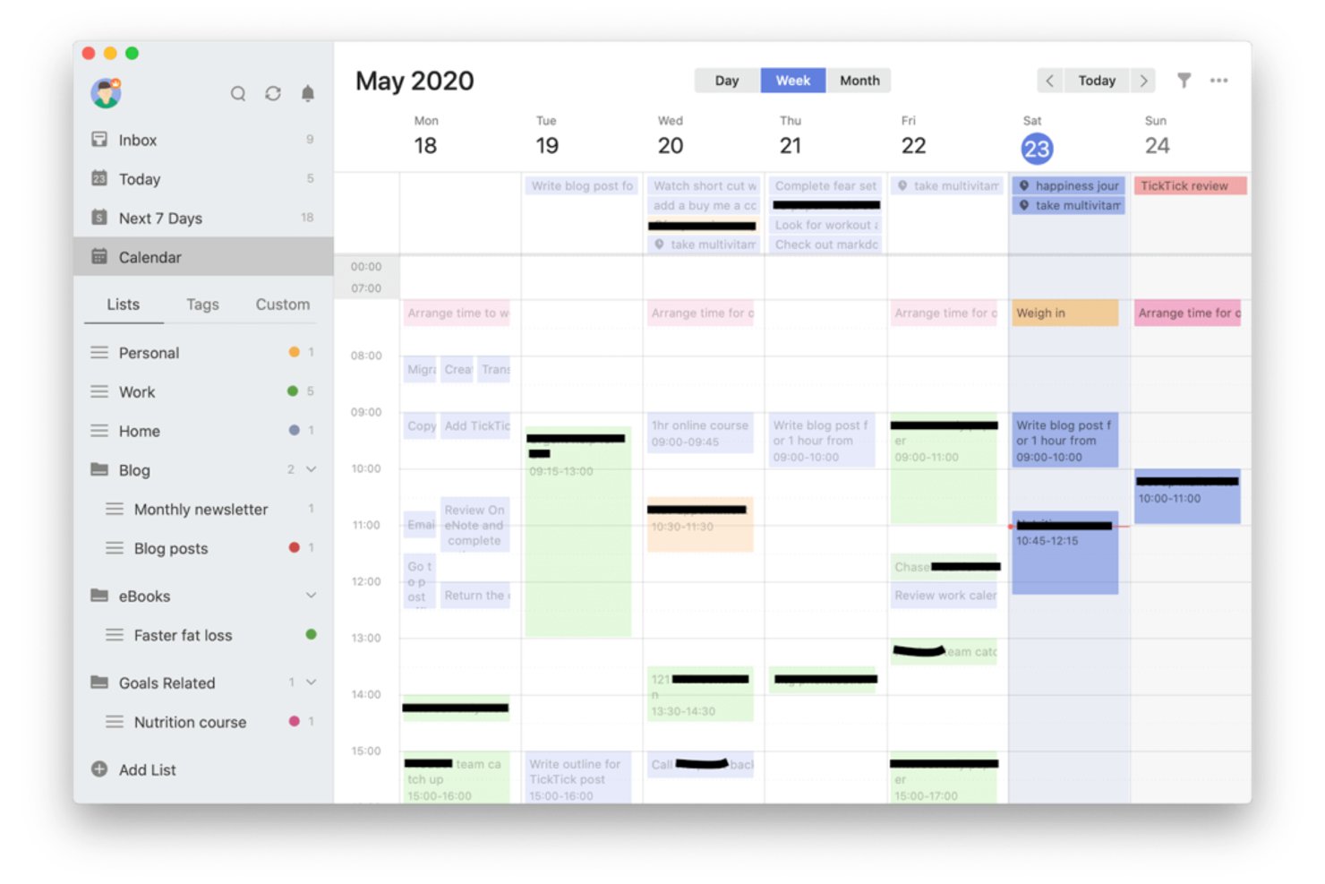 TickTick weekly calendar view showing time-blocked tasks for May 2020.
