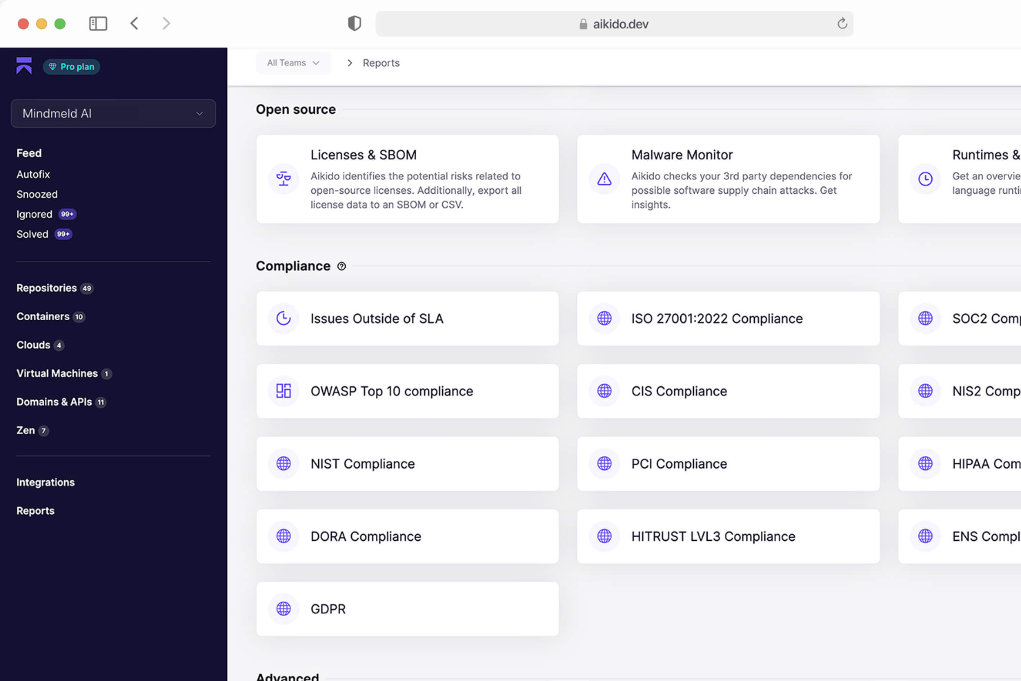 Aikido Security compliance reporting dashboard