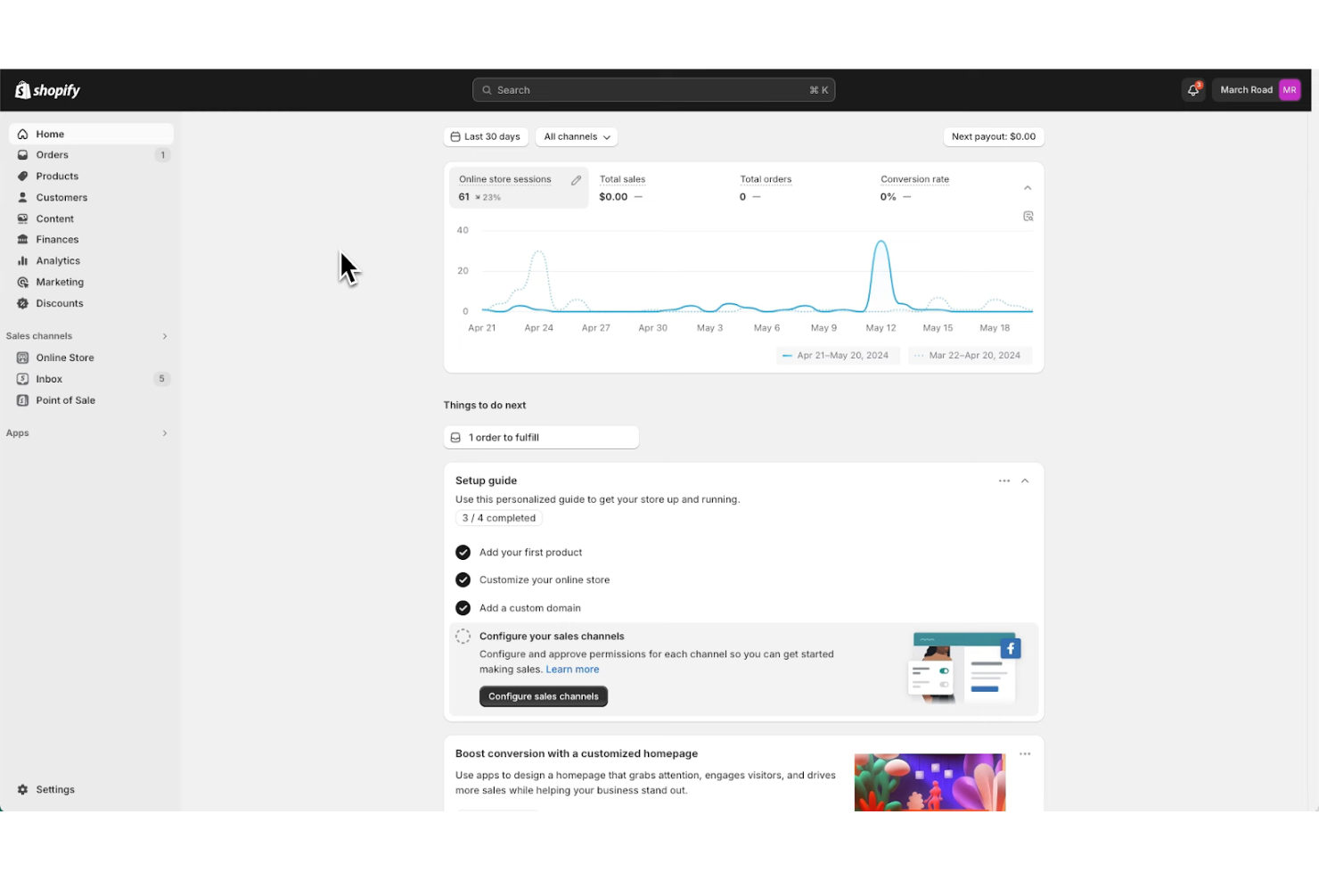Tableau de bord d’administration Shopify affichant les analyses de la boutique, les indicateurs de vente et le guide de configuration.