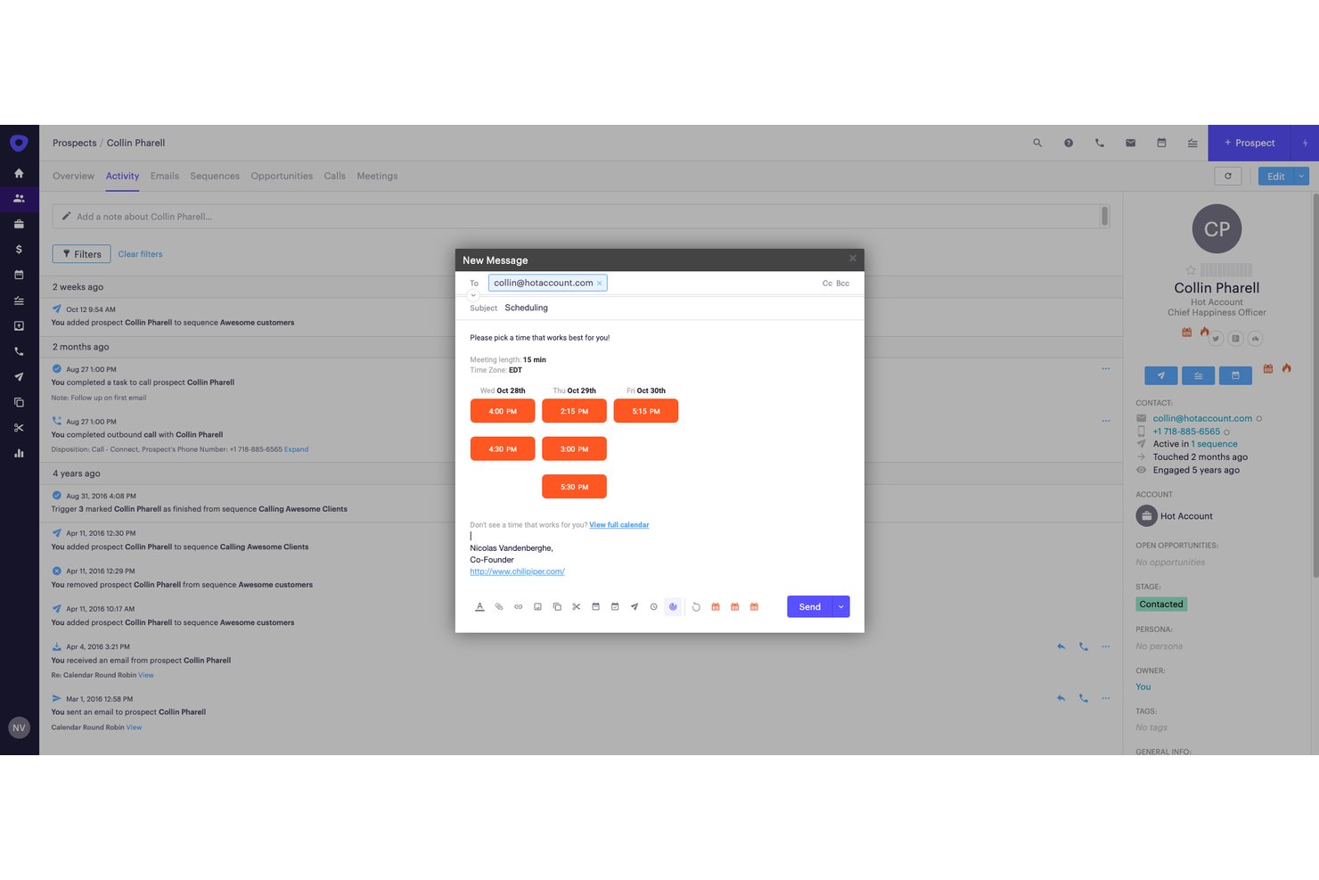 Chili Piper email composer showing selectable meeting time slots for scheduling.