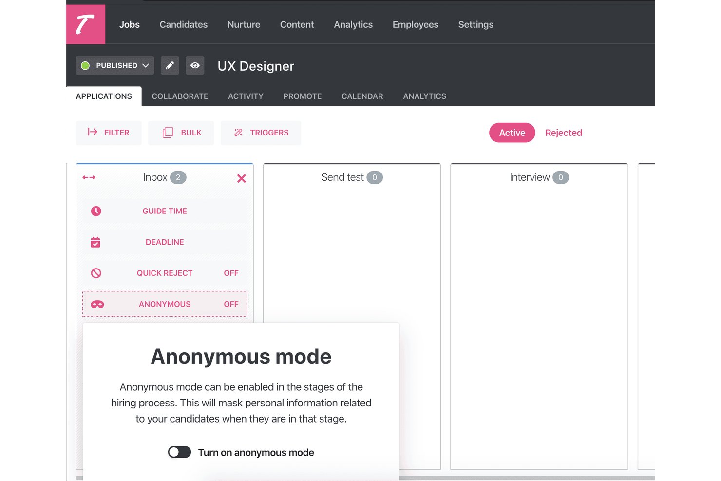 Teamtailor ATS showing anonymous mode toggle off in the Inbox stage settings.