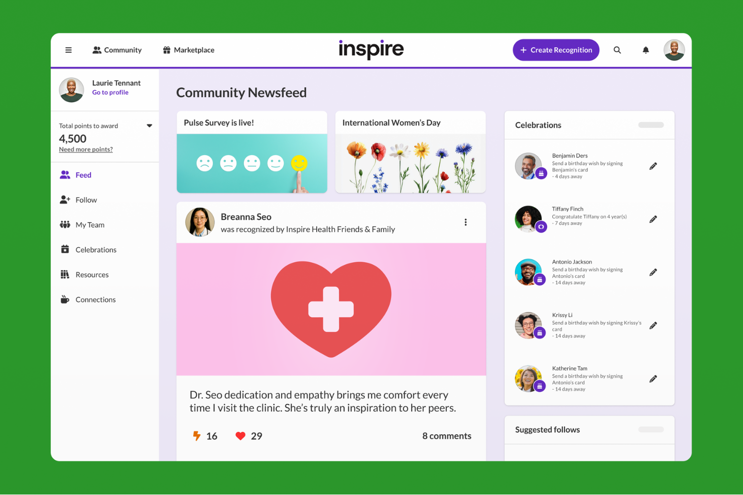 Inspire platform community newsfeed showing peer recognition post and celebrations sidebar.