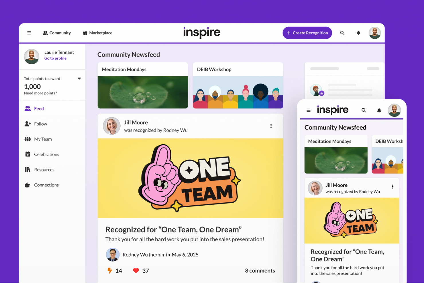 Inspire platform dashboard showing community newsfeed with employee recognition post.
