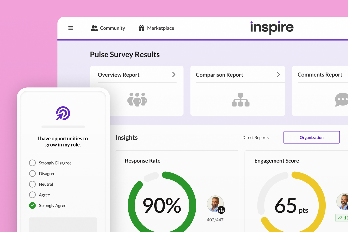 Pulse survey results dashboard showing 90% response rate and 65-point engagement score.