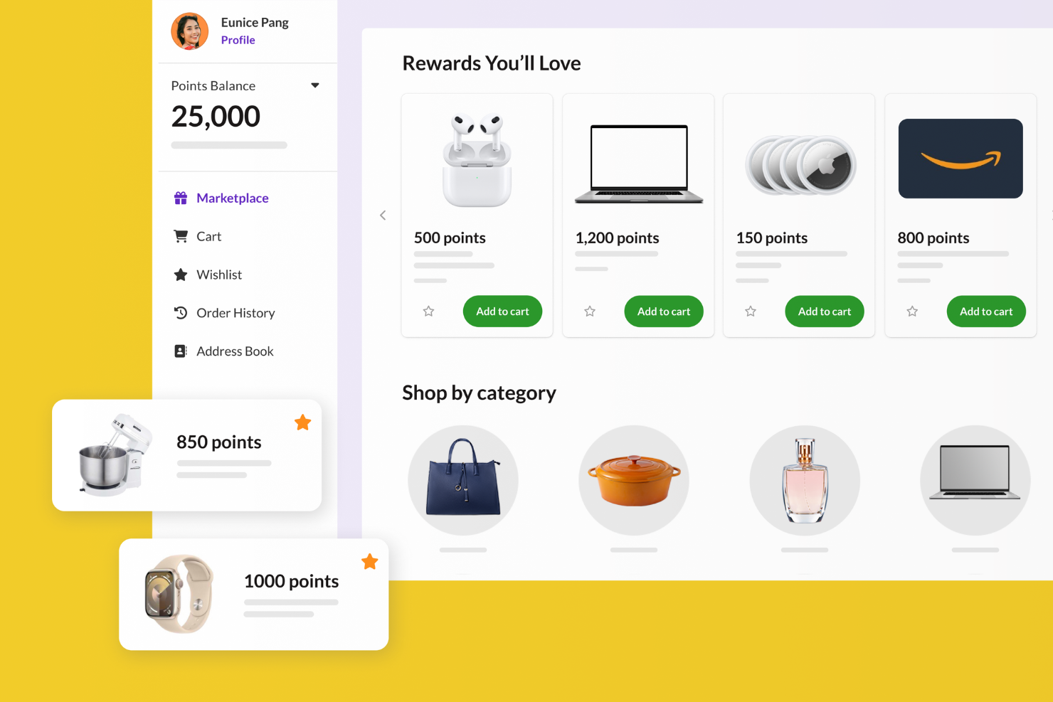 Rewards marketplace UI showing points balance, product listings, and category browsing.