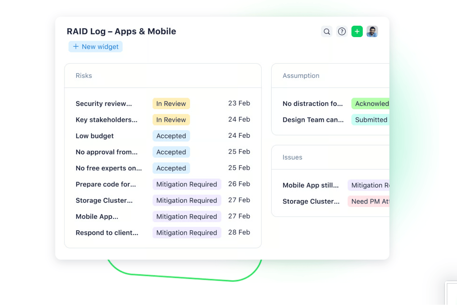 Wrike RAID log showing risks with statuses like In Review, Accepted, and Mitigation Required.