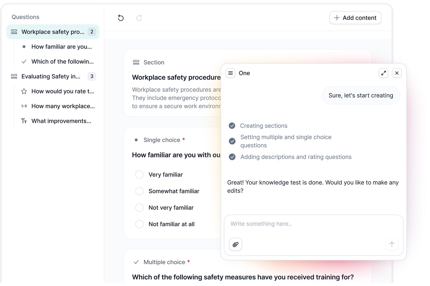 AI chat assistant generating a workplace safety survey with multiple choice questions.