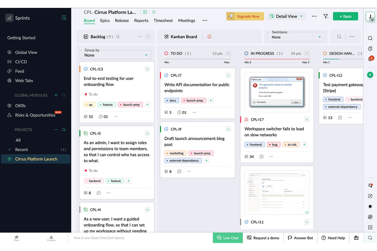 Tablero Kanban de Zoho Sprints con las columnas Pendientes, Por hacer, En curso y Entrega de diseño.