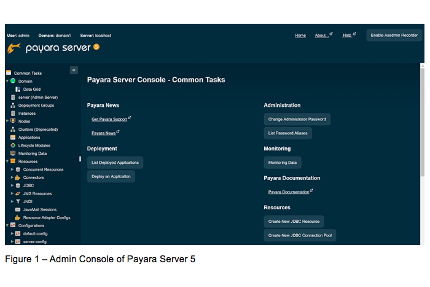 Payara Server 5 Admin Console showing common tasks, deployment, and resource options.