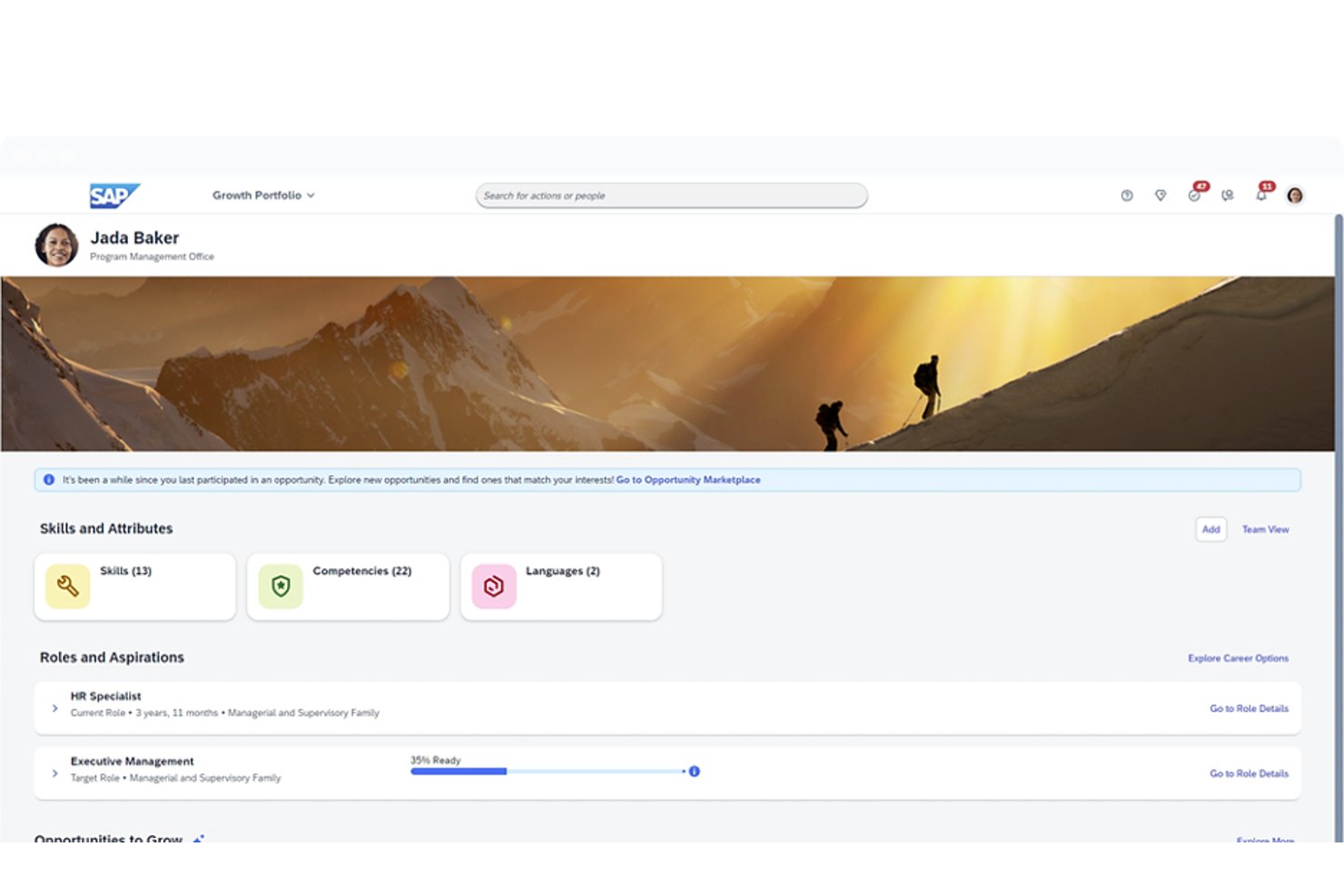 SAP SuccessFactors Growth Portfolio profile showing skills, competencies, and career roles.