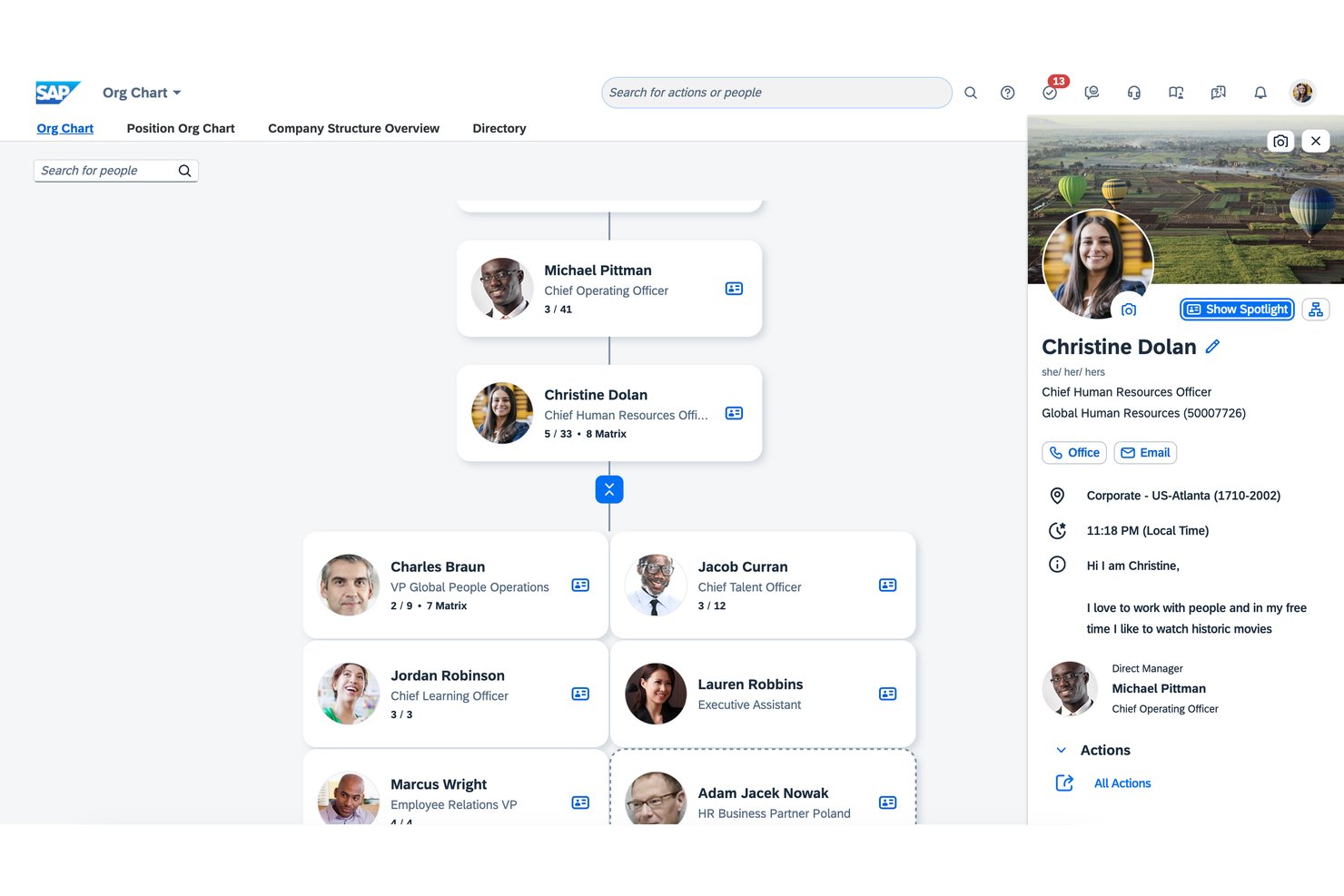 SAP SuccessFactors org chart showing Christine Dolan's profile and reporting hierarchy.