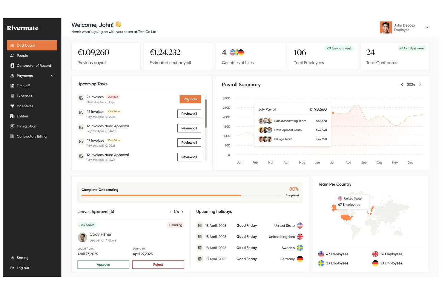 Rivermate screenshot - 10 bedste EOR-tjenester til små virksomheder i 2026
