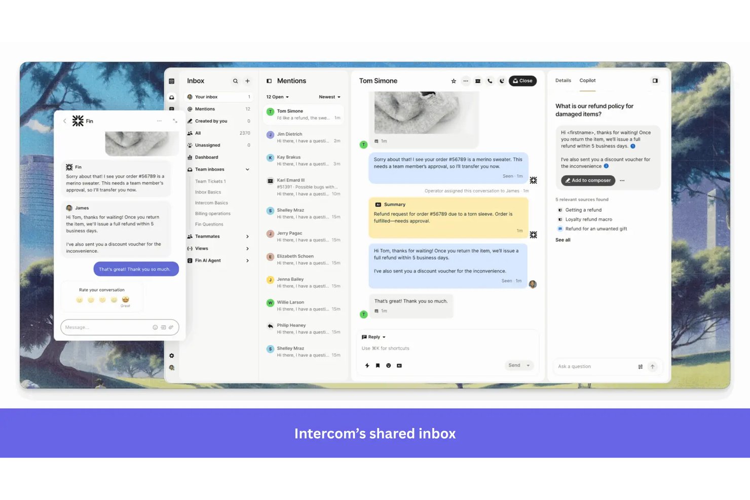 Interfaccia della casella di posta condivisa di Intercom che mostra risposte alle chat assistite dall'IA e un elenco di conversazioni.