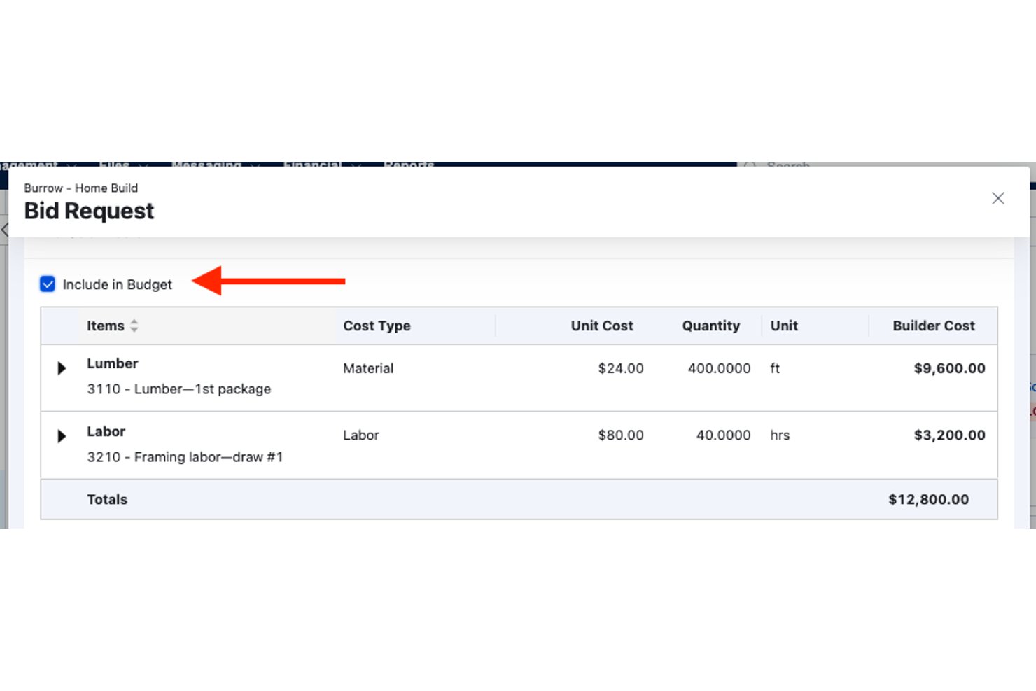 Buildertrend bid request showing lumber and labor line items totaling $12,800.