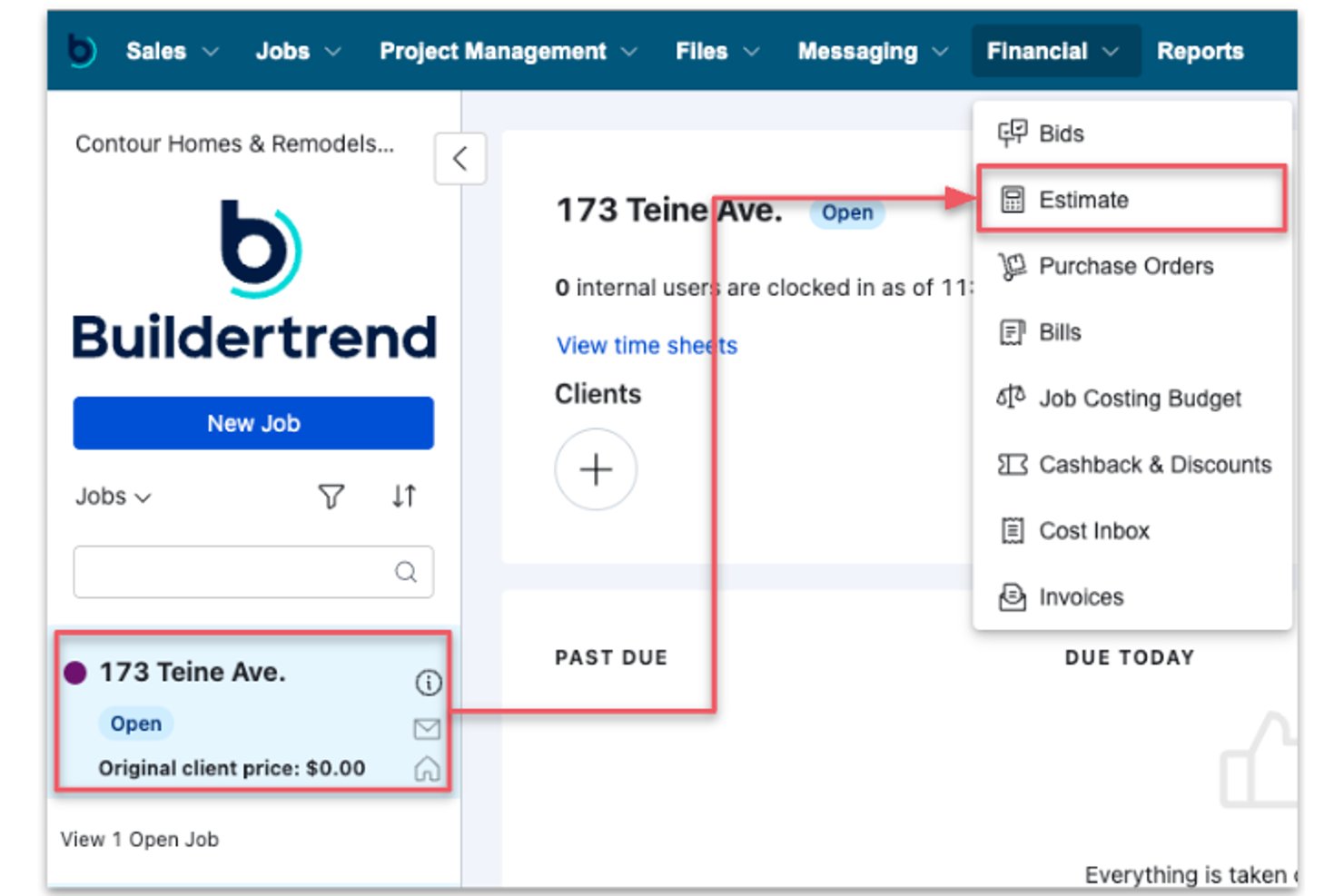 Buildertrend interface showing Financial menu with Estimate option highlighted for a job.