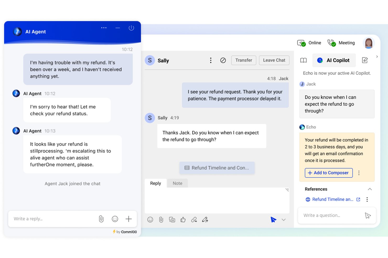 Interfaccia della chat di Comm100 che mostra l'agente IA, l'operatore dal vivo e il pannello del copilota IA.