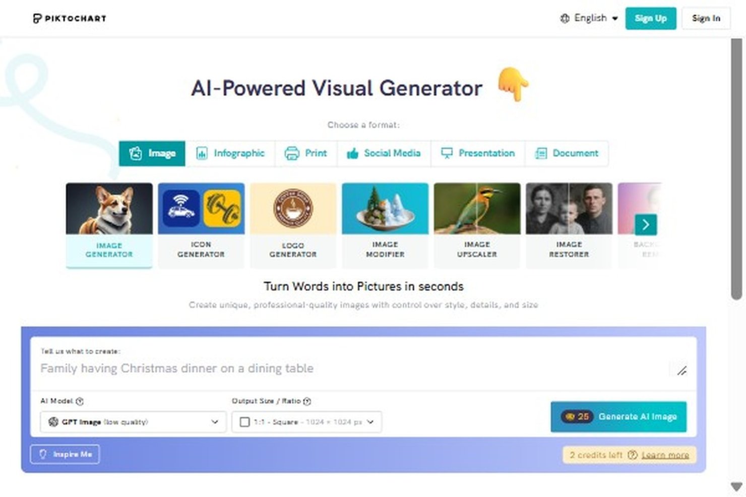 Piktochart AI image generator interface with text prompt input and format options.