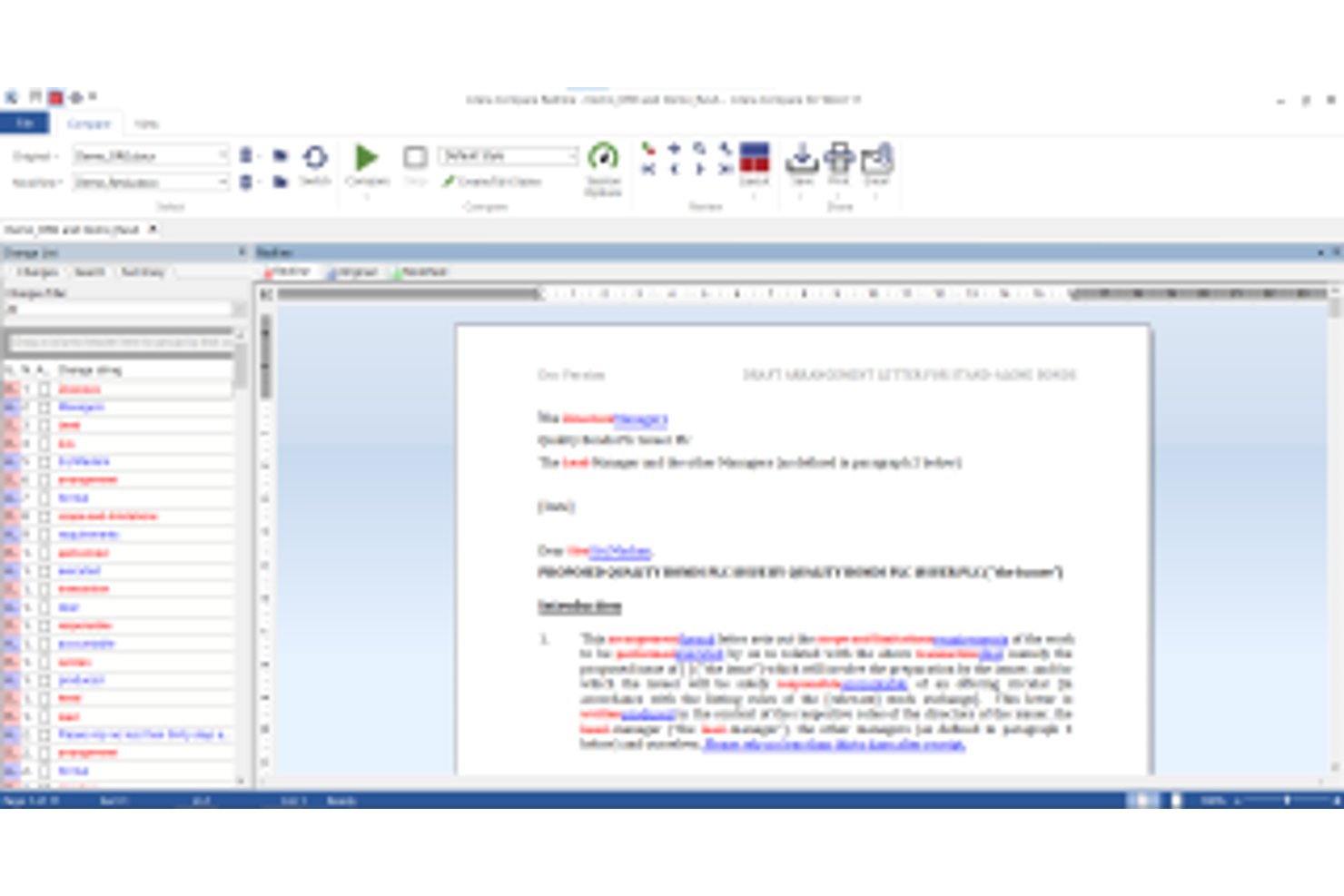 Litera Compare desktop showing redlined legal document with tracked changes.