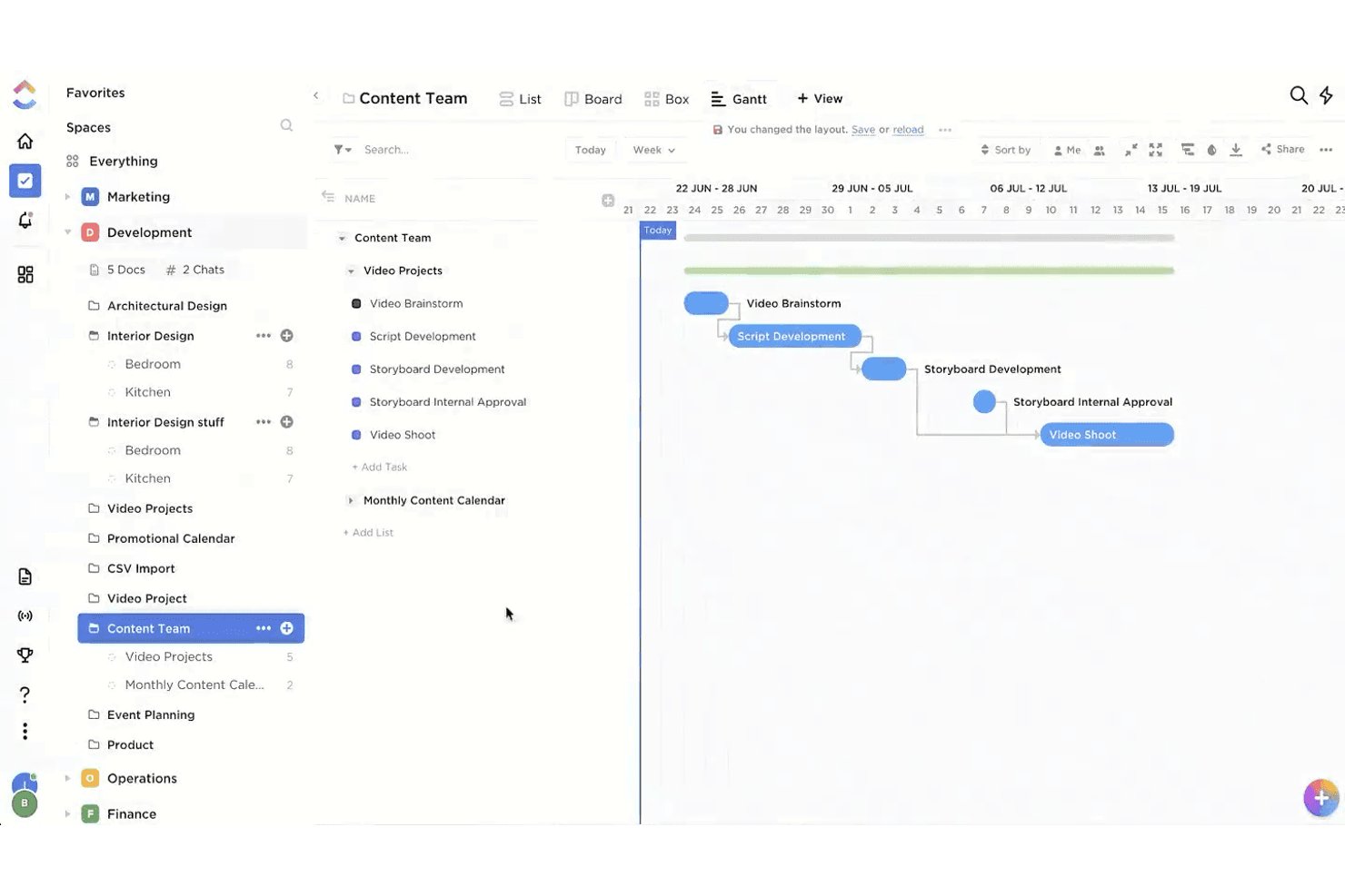 ClickUp Gantt chart showing Content Team video project tasks with dependency arrows.
