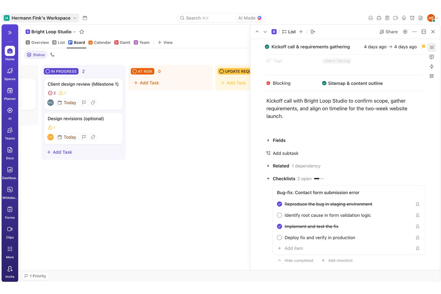 ClickUp task checklist