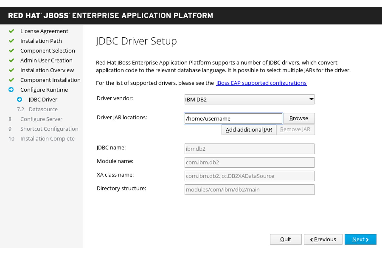 Red Hat JBoss EAP JDBC Driver Setup screen with IBM DB2 driver configuration fields.